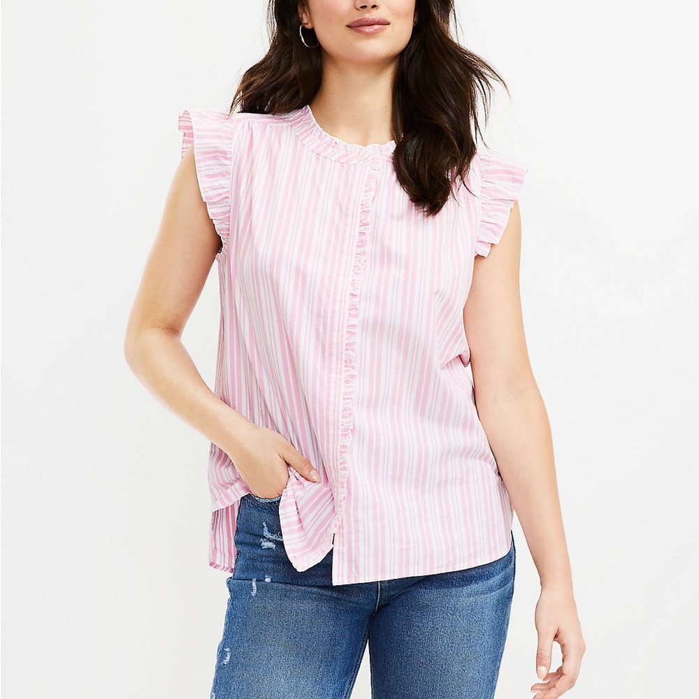 NWT PINK & WHITE LOFT Striped Ruffle Top IN SIZE MEDIUM